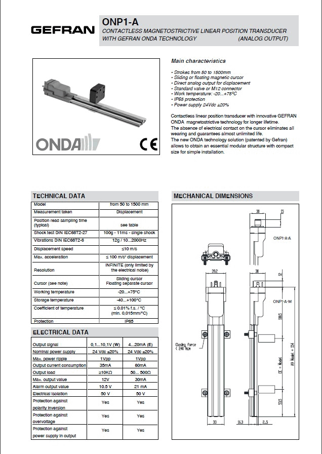 GEFRAN【ONP1-A】非接觸磁磁滯伸縮位移傳感器