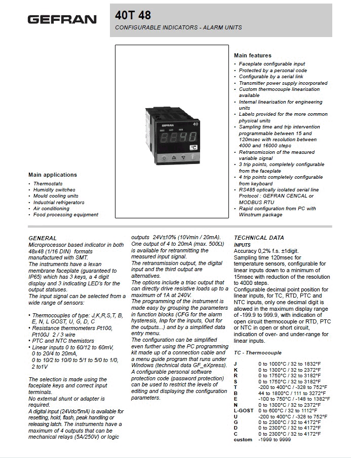 GEFRAN【40T48】顯示報警表